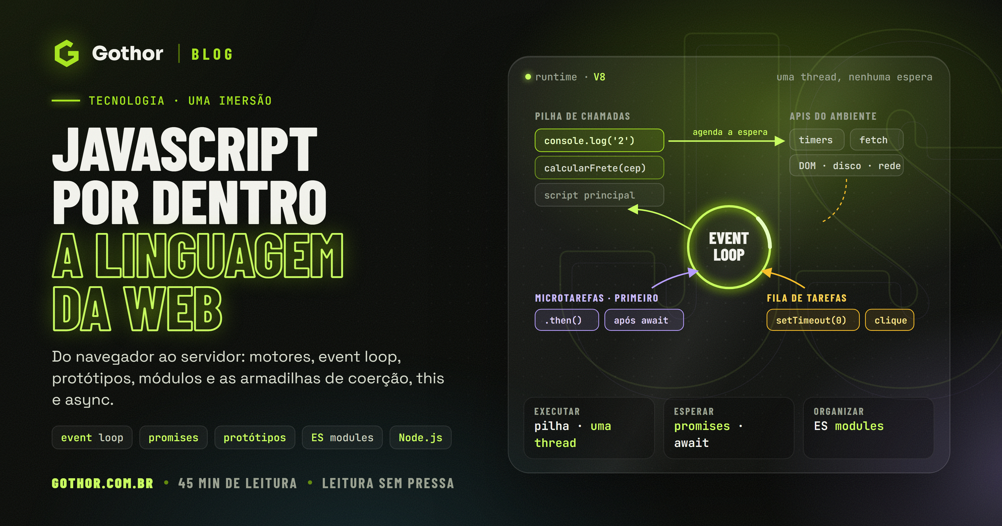 Capa do artigo com o título JavaScript, a linguagem da web, e um editor com um exemplo de event loop e a ordem de saída no console