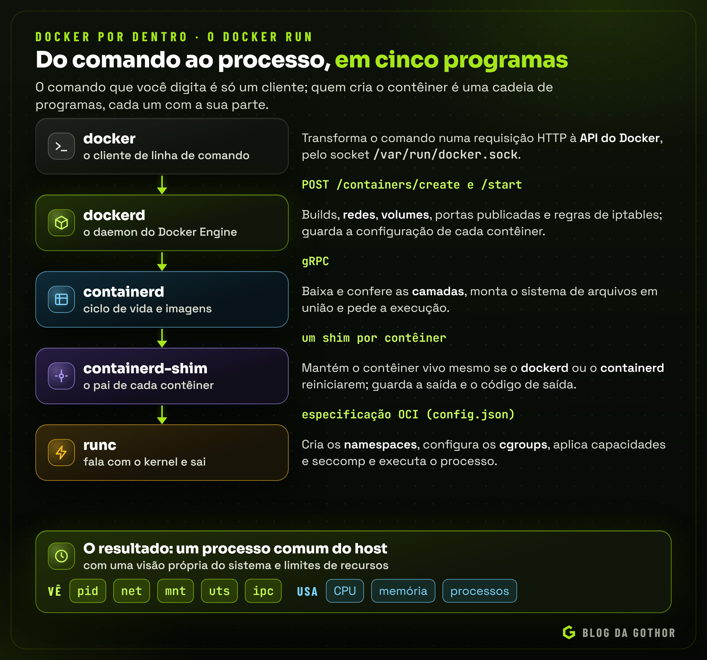 Diagrama da cadeia do docker run: o cliente docker, o daemon dockerd, o containerd, o shim e o runc, que cria os namespaces e cgroups e inicia o processo